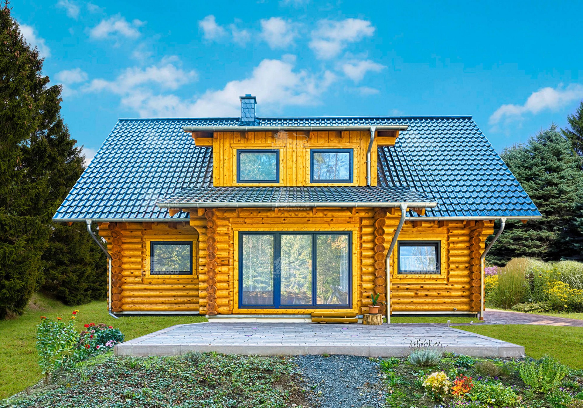 Blockbohlenhaus zum Wohnen California Blue leonwood.de LéonWood